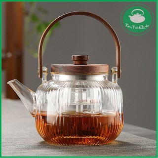 Ấm đun trà thủy tinh chịu nhiệt nắp gỗ có núm 800ml