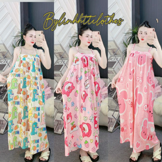  VÁY 2 DÂY THUN XỐP THÁI DẬP LY HOẠ TIẾT GẤU DÂU DÁNG SUÔNG DÀI FREESIZE 40-80kg 