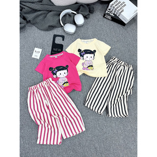 Quần áo bé gái, set bộ áo cotton họa tiết cô bé quần đũi kẻ suông cho bé 10-28kg
