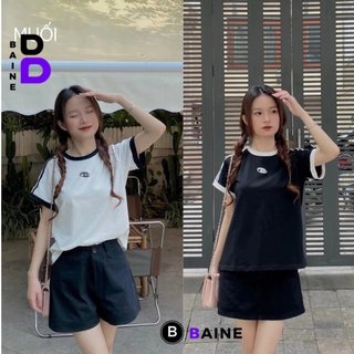Áo thun babetee cotton sọc vai in chữ B cách điệu cực xinh