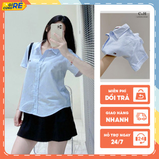 Áo sơ mi nữ kẻ xanh cộc tay Tomy sơmi dễ phối đồ mặc đi học đi làm C&H Clothing