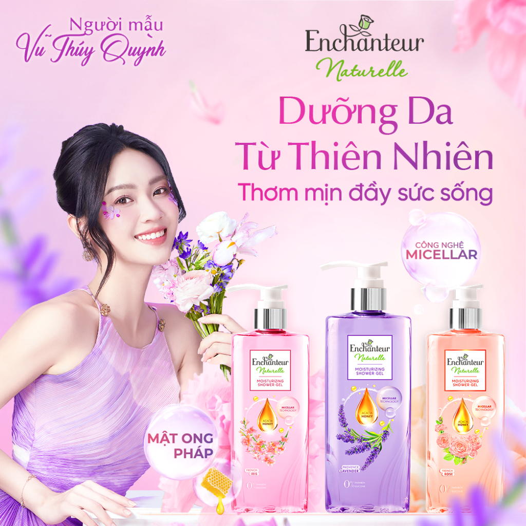 Sữa tắm dưỡng da thiên nhiên Enchanteur Naturelle hương hoa Lavender/ Iris/Rose 510gr/Chai