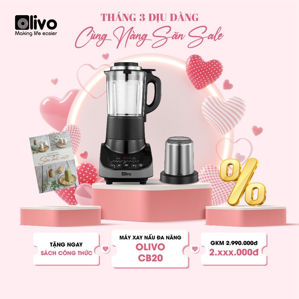 Máy Làm Sữa Hạt Olivo CB20 gồm 2 Cối Xay Nấu và Cối Xay Khô, 12 chức năng cài sẵn, vệ sinh khử khuẩn