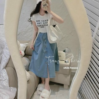 Set bộ áo croptop mix cùng chân váy jeam dài đính nút