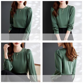 Áo Sơ Mi trung niên nữ HT store, Áo Nữ Cổ Thuyền Trơn Tay Dài Vai Bồng Trẻ Trung Thanh Lịch