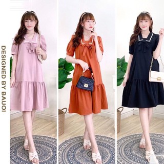 Đầm váy bầu sơ mi phối nơ dáng suông đuôi cá điệu đà trẻ trung - váy bầu babydoll cộc tya mùa hè xinh
