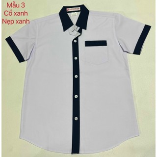 Áo sơ mi nam trắng viền nẹp cổ xanh đen đi học sinh tay ngắn cấp 1 2 vải kate hàng tiêu chuẩn 15-40 kg
