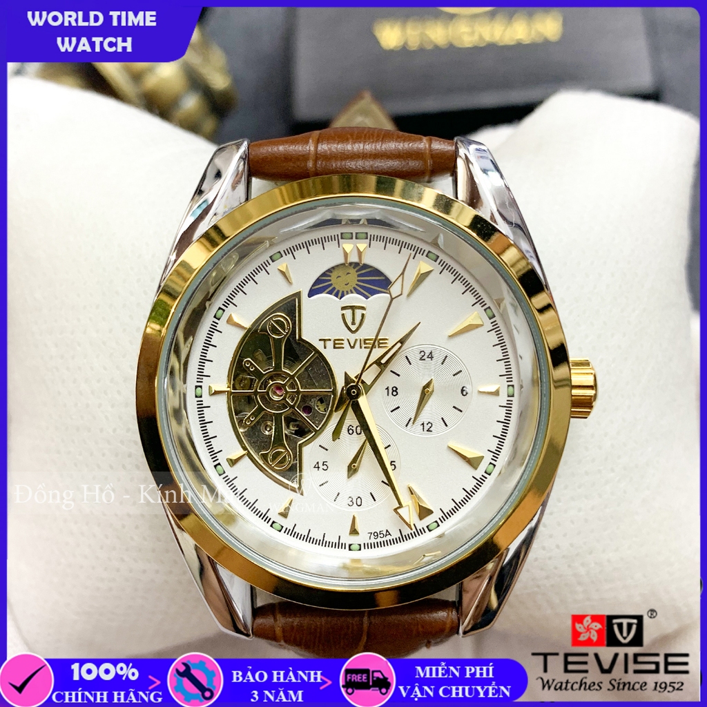 Đồng hồ nam Tevise T795 automatic dây da cao cấp, full hộp và thẻ bảo hành 3 năm, chống xước chống n