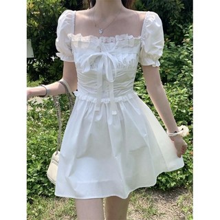  Váy trắng nữ tay bồng phối nơ, đầm dáng xòe phối nhún eo viền ren xinh xắn - V560