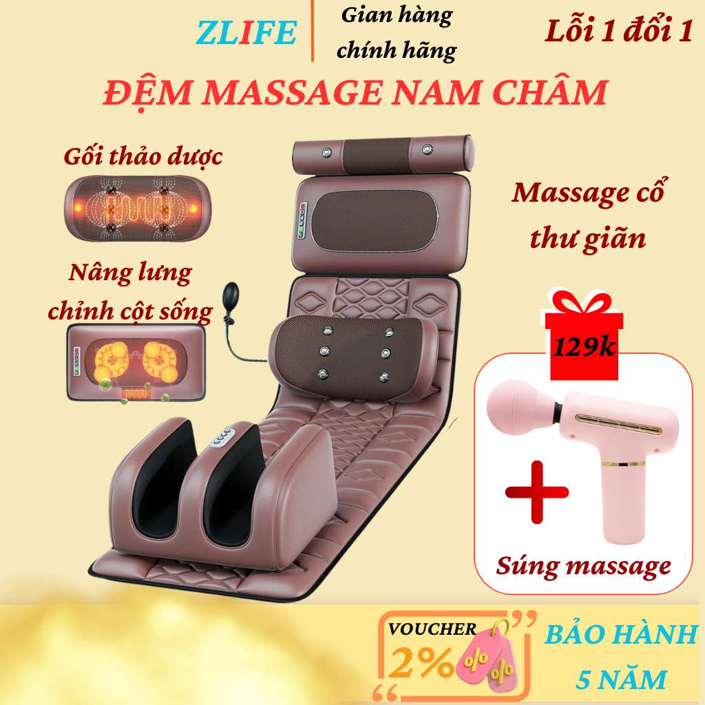 Đệm Massage toàn thân kèm máy massage chân, Hồng Ngoại Xoa Bóp Giảm Đau Mỏi 6 nam châm massage lưng, giảm đau mỏi