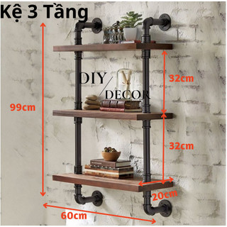 Kệ Gỗ Treo Tường 3 Tầng Decor Vintage bằng Ống Thép Sơn Tĩnh Điện DIY Decor 2LKG002-3T
