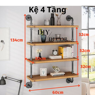 Kệ gỗ treo tường 4 tầng decor vintage bằng ống thép sơn tĩnh điện diy decor 2lkg003-4t
