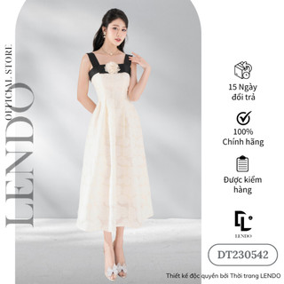 Đầm Váy Dự Tiệc LENDO DT230542 Midi Hai Dây Bản To Dáng Xòe Dài Chất Ren Tơ Hoa Hồng Nổi Đính Hoa