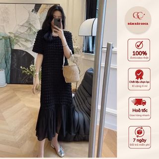 Váy thiết kế, Đầm thiết kế cao cấp chất liệu đũi xốp mềm mát thoải mái, dáng váy xuông (bầu bí bon chen)