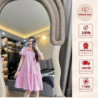 Váy babydoll kẻ caro cổ sơ mi thiết kế tay bồng xinh xắn, Đầm thiết kế sơ mi kẻ caro mẫu HOT 2024. Bầu bí mặc thoải mái