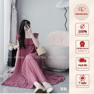  Đầm babydoll dáng dài vải tơ cao cấp thiết kế dập ly phối tay cánh tiên xinh xắn 