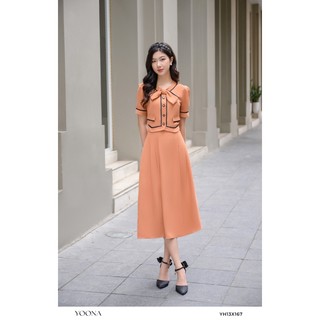 Bộ set công sở thiết kế gồm áo họa tiết nơ cài cổ và chân váy xòe dài YOONA - YH13X167