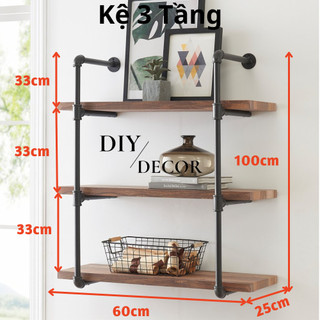 Kệ gỗ treo tường 3 tầng decor vintage bằng ống thép sơn tĩnh điện,kệ ống nước diy decor ktt003-3t