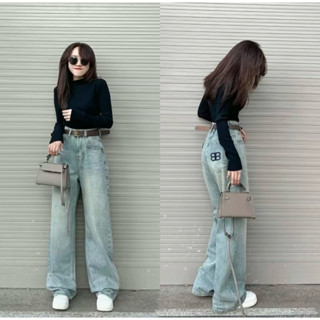 Quần jean suông chữ b thêu cạp cao hách dáng dễ phối đồ