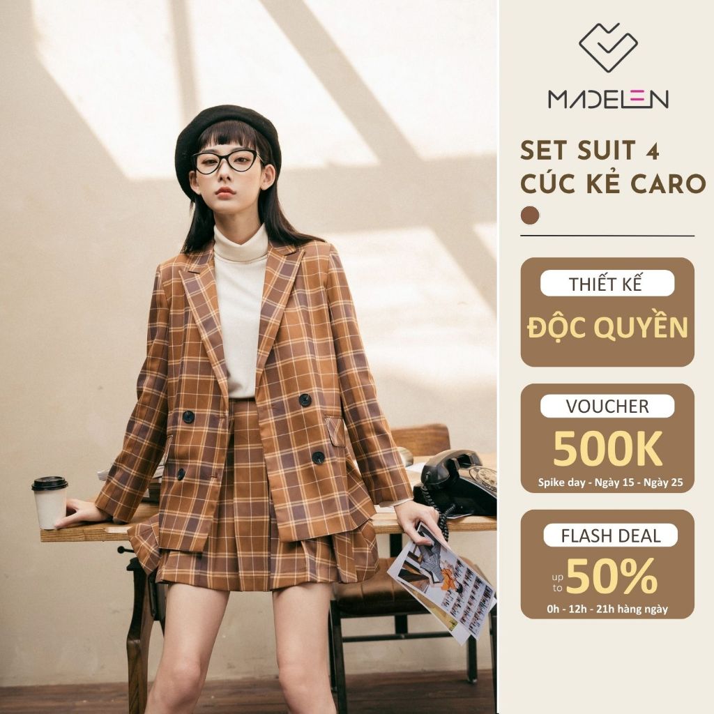 ( Có lẻ áo và chân váy ) Set suit kẻ 4 cúc caro nâu và chân váy mini xếp ly kẻ nâu MADELEN