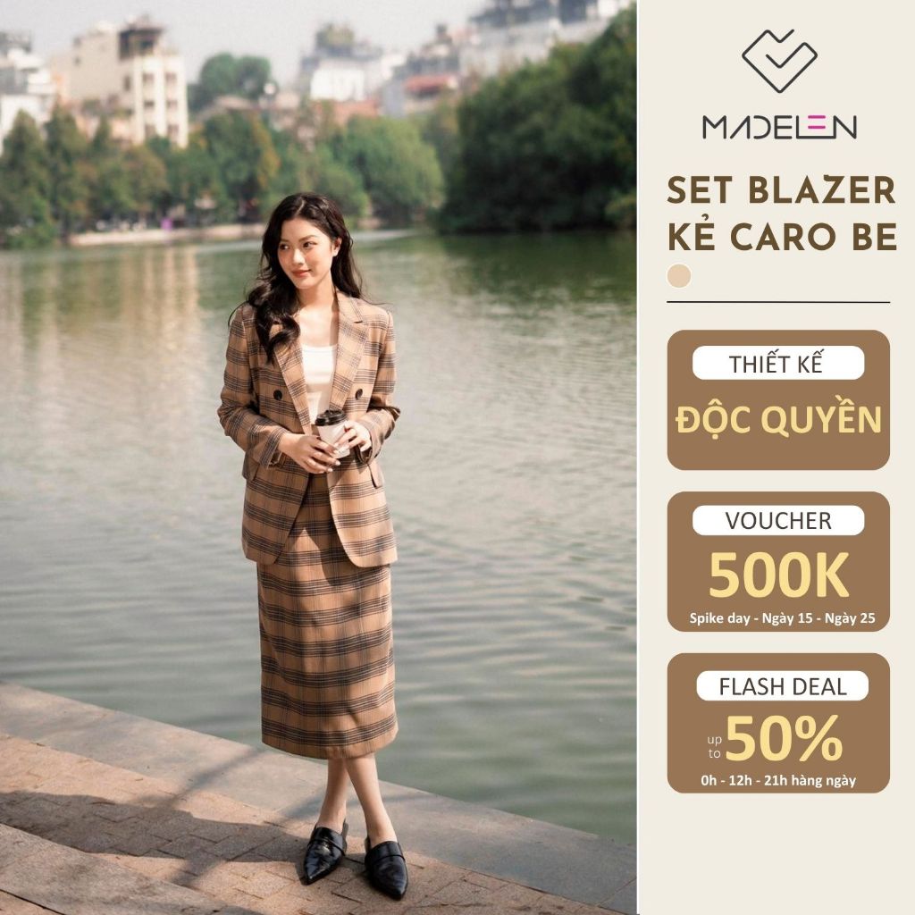 ( Có lẻ áo và chân váy ) Set áo blazer kẻ caro be và chân váy kẻ caro be mix set MADELEN