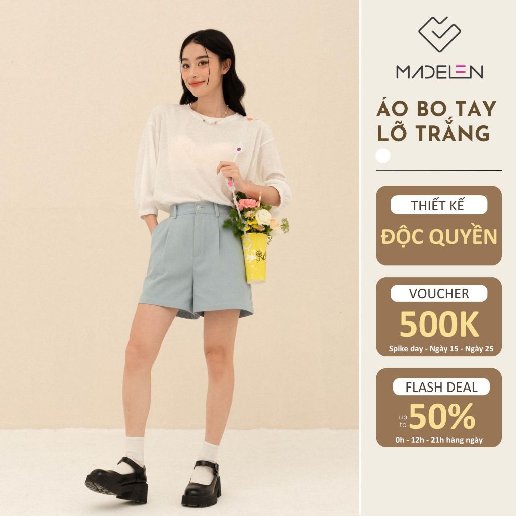 Áo sweater cổ tròn bo tay lỡ trắng MADELEN