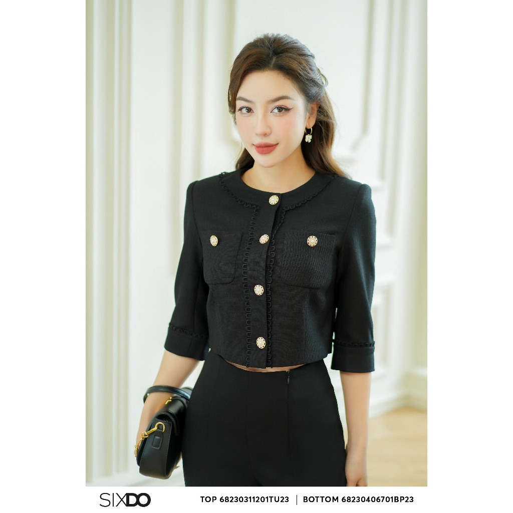 Áo vest đen nữ tay lửng SIXDO (Black Long Sleeves Cropped Raw Vest)