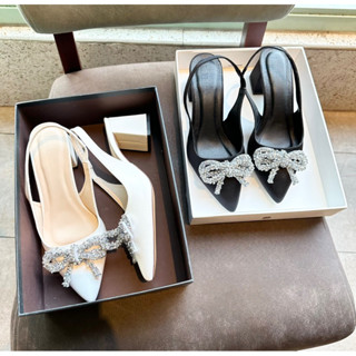 (Size40-44) Giày sục nơ kim tuyến đá gót vuông 7p