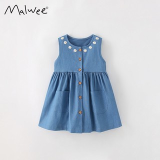 Váy sát nách Malwee xanh jean cổ thêu hoa xinh xắn cho bé 2-7 tuổi MW9319 - Little Maven Chính Hãng