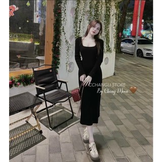 Đầm thun gân body cổ vuông tay dài