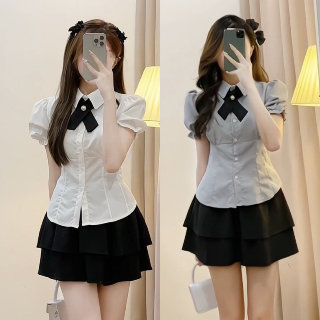 Set đồ nàng thơ áo sơ mi kiểu kèm nơ phối châ váy xòe dáng ngắn siêu xinh cho nàng thơ hẹn hò chụp h