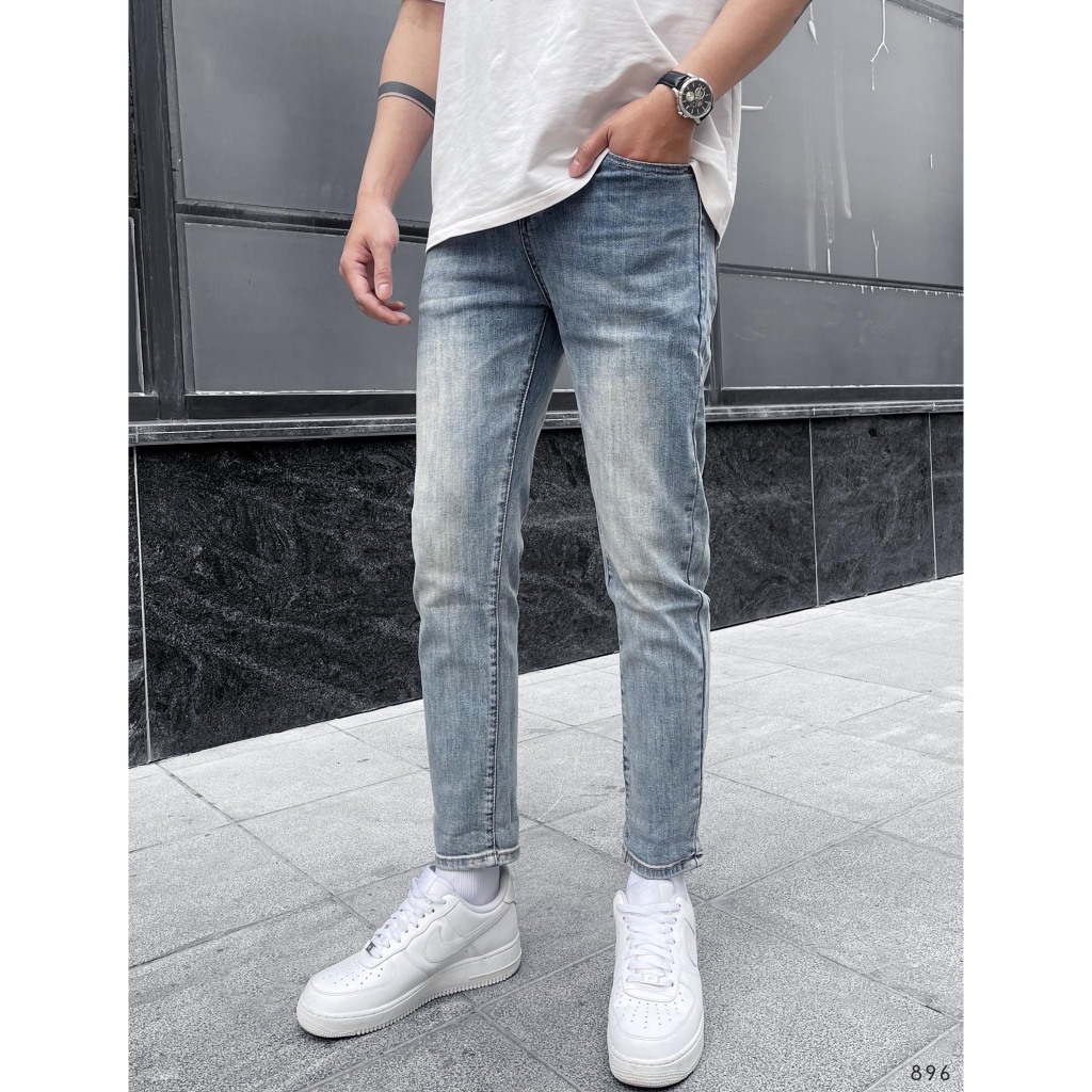 Quần Dài Jean Nam Lb Co Giãn Mạnh, Vải Jean Denim Dày Dặn. Màu Xanh Nhạt Trơn, Dễ Phối Đồ, phom Slim Jean , Dnbb5224