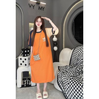 [4.4 Sales Freeship] Đầm suông dáng dài phối tay in logo đi chơi xinh xắn, đầm phối màu tay lỡ from rộng mtb