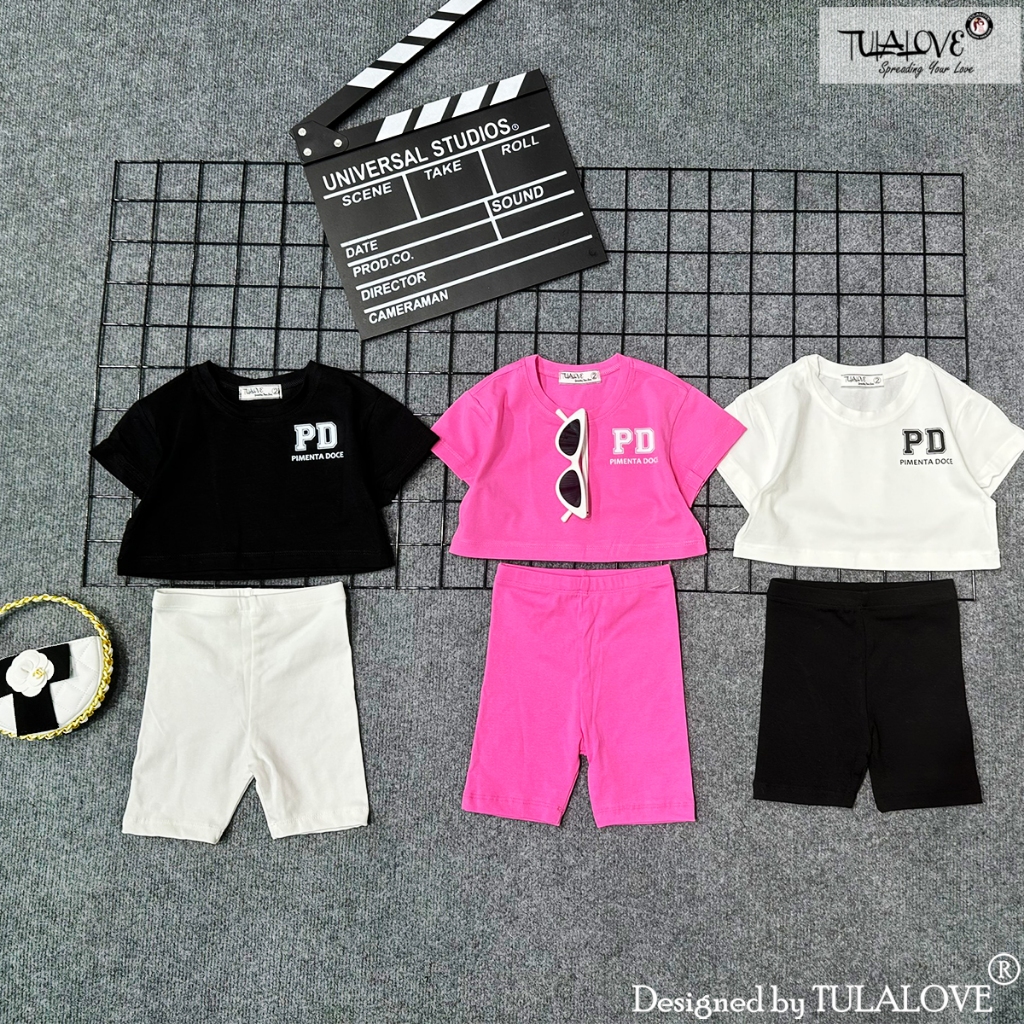 Áo Croptop Rộng Bé Gái Hình In PD Vải Cotton, Quần Legging Đùi Cho Bé Gái Vải Zip Co Dãn, Phối Set T