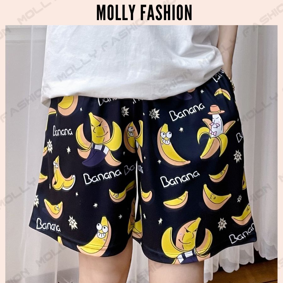 Quần đùi nam nữ MOLLY FASHION thun lạnh Bigsize, quần short mặc nhà hoạt hình - nhóm đi biển BANANA