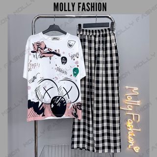 Set đồ nữ quần dài BỘ CARO KATE NHIỀU ELMO ❤️ Đồ bộ hoạt hình form rộng Freesize Molly Fashion
