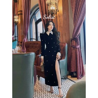 VÁY NHUNG ĐEN ĐÍNH ĐÁ CỔ ĐỨC XẺ TÀ