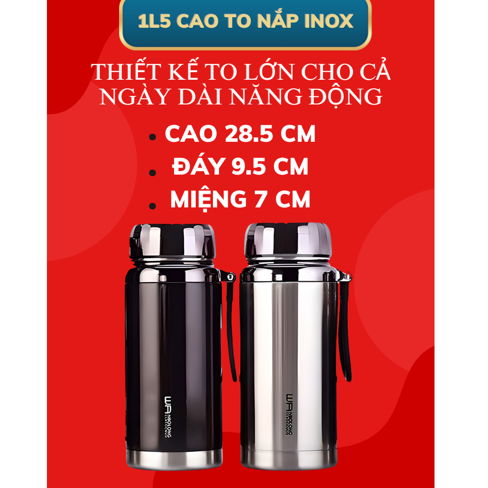 Bình giữ nhiệt 1500ml ly giữ nhiệt lạnh hơn 24 giờ , bình giữ nóng hơn 12 giờ , có dây treo
