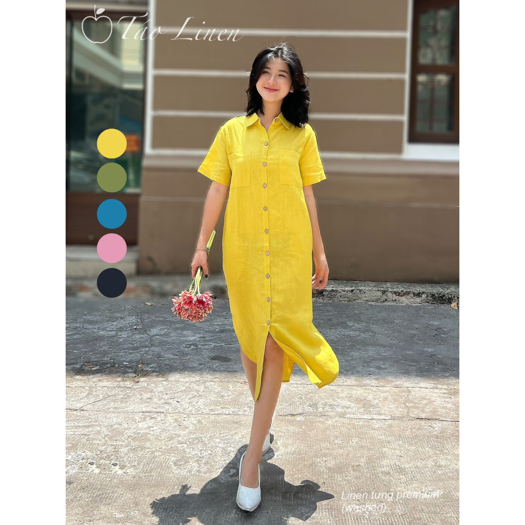 Đầm sơmi linen tưng premium phong cách, nhà TÁO LINEN