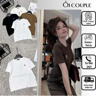 Áo phông nữ cộc tay, áo thun nữ cổ tròn thêu gấu dáng vừa