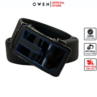 Thắt lưng da bò nam cao cấp OWEN BELT221362 dây nịt da thật màu đen mặt hợp kim đúc nguyên khối khóa trượt tự động