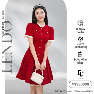 Đầm Váy Công Sở LENDO Tay Ngắn Dáng Chữ A Xòe Xếp Ly Cổ Đứng Viền Bèo Phối Tơ VT230609
