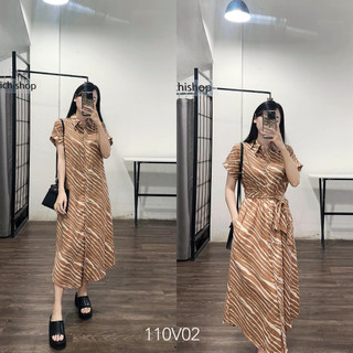 Váy midi sơ mi linen kèm belt họa tiết vằn nâu trắng-110V02