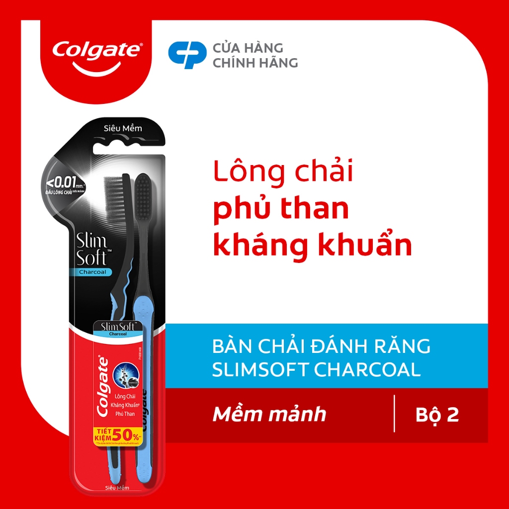 [HB Gift] Bộ đôi bàn chải đánh răng Colgate than hoạt tính kháng khuẩn SlimSoft Charcoal mềm mảnh