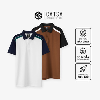 Áo polo CATSA nâu trắng phối vai chất liệu cá sấu spandex dày dặn form Slim Fit 14ATP067