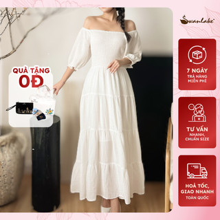 SWANLAKE | Váy Đầm Maxi Cổ Vuông Trễ Vai Dáng Dài Chất Xô Muslin Dày Dặn Mềm Mịn Đi Chơi Dã Ngoại Đi Biển - D10087LW01