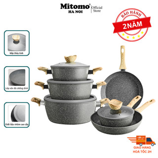 Bộ nồi chảo vân đá 6 món chống dính cao cấp Mitomo Queen Time, dùng cho bếp từ, bếp ga - Hàng chính hãng .