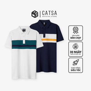 Áo thun polo nam phối ngang ngực CATSA xanh navy trắng chất cotton cá sấu dày dặn 14ATP076