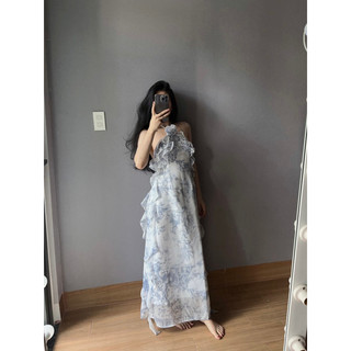 Mell35 dress - Váy cổ yếm phối nơ dây tua rua vải tơ nhũ hoạ tiết Onmellem