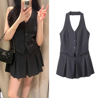 [Sẵn XS] 𝐋𝐨𝐥𝐢𝐬𝐭𝐨𝐫𝐞 - Set Áo Gile nữ cổ yếm liền thân kẻ sọc chân váy xòe xếp ly